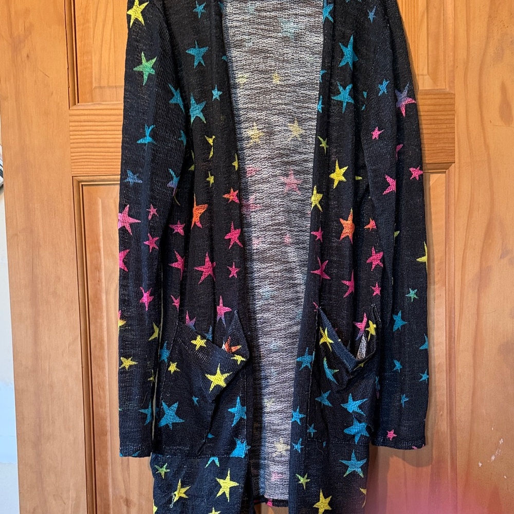 Black Star Print Open Cardigan with Multicolor Stars